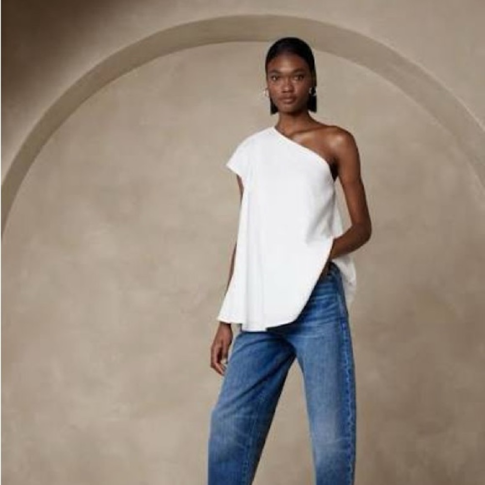 Banana Republic White ODILE LINEN ONE-SHOULDER TOP